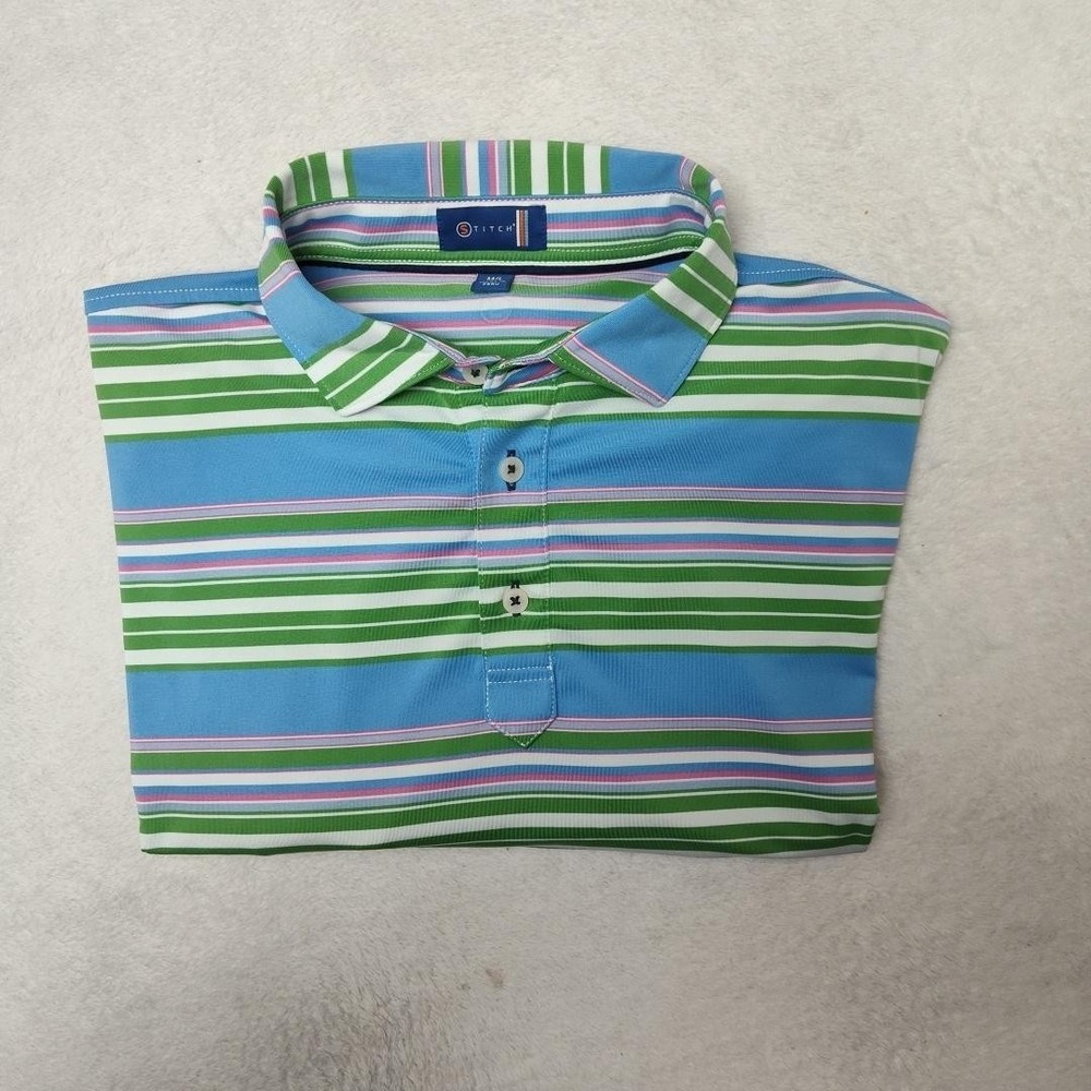 Stitch Polo Shirt Mens M/L Blue Striped Golf Performance Stretch Collared Tennis